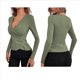 thumbnail image 3 of Camiseta de Larga Ajustada con Escote en V Profundo y Fruncido para Mujer Verde M, 3 of 5