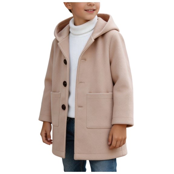 OJSFQUFP Boys' Hooded Single Breasted Solid Color Elegant Coat Versatile Wool Trench Coat for Toddlers and Preschoolers