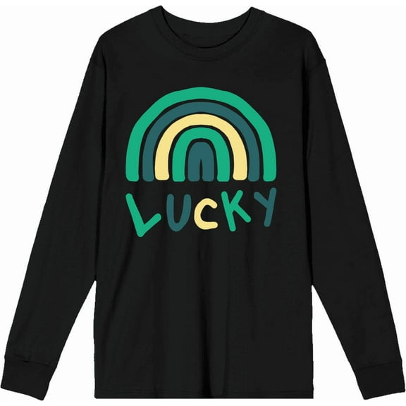 St. Patrick's Lucky Rainbow Black Adult Crew Neck Long Sleeve Tee-Medium