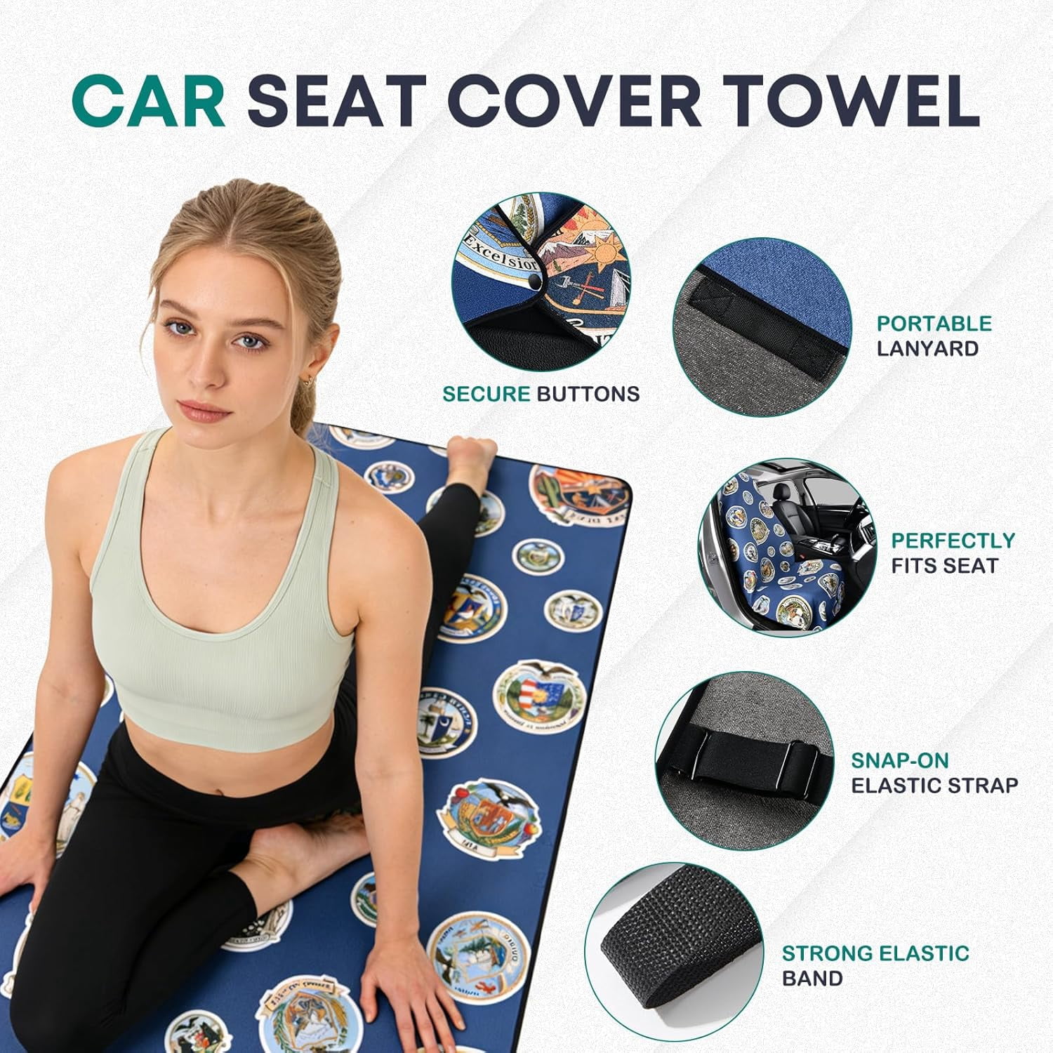 FLORICH Towel Car Seat Covers, Sweating Microfiber Seat Cover for Cars with Non-Slip Strap, Suitable for Post Gym Workout, Running, Swimming, Beach and Hiking, FC08