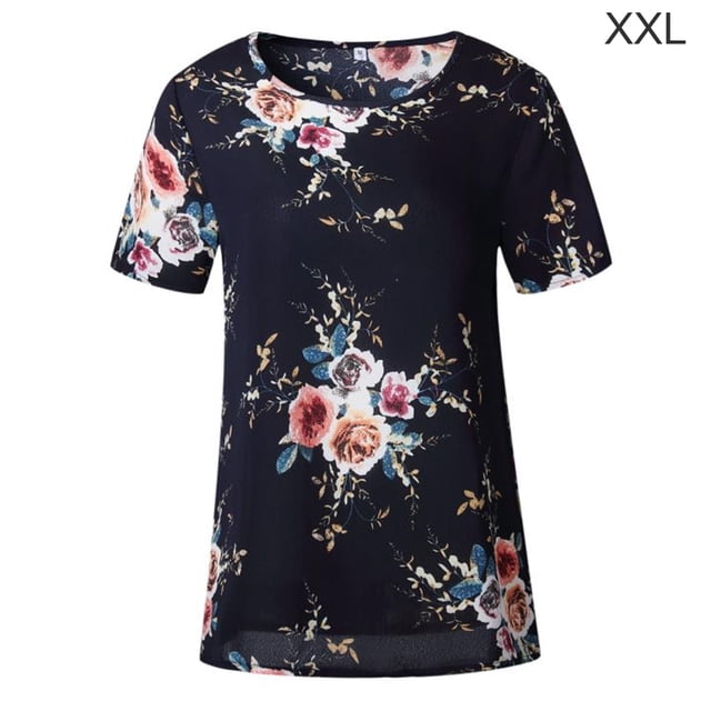 Camiseta de mujer con estampado floral, manga corta, cuello redondo, blusa informal, azul, XXL Kearding AP001919-35