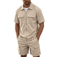 thumbnail image 3 of Hxshgdsn Mens Collared 2 Piece Outfit Set Zip Up Short Sleeve Jacket Cargo Shorts Outdoor Casual Travel（KhakiL）, 3 of 7