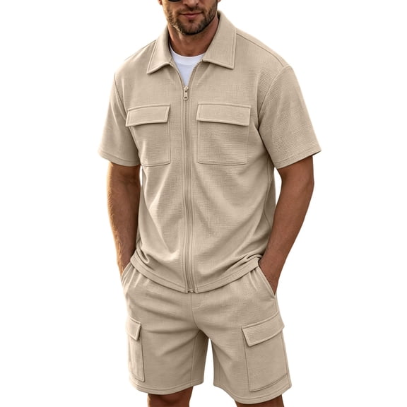 Gytharion Men's 2 Piece Cargo Waffle Sets Lapel Zippered Pocketed Short Sleeve Cardigan Shirts and Elastic Waist Shorts Sets Soild Color Fashion Outfits