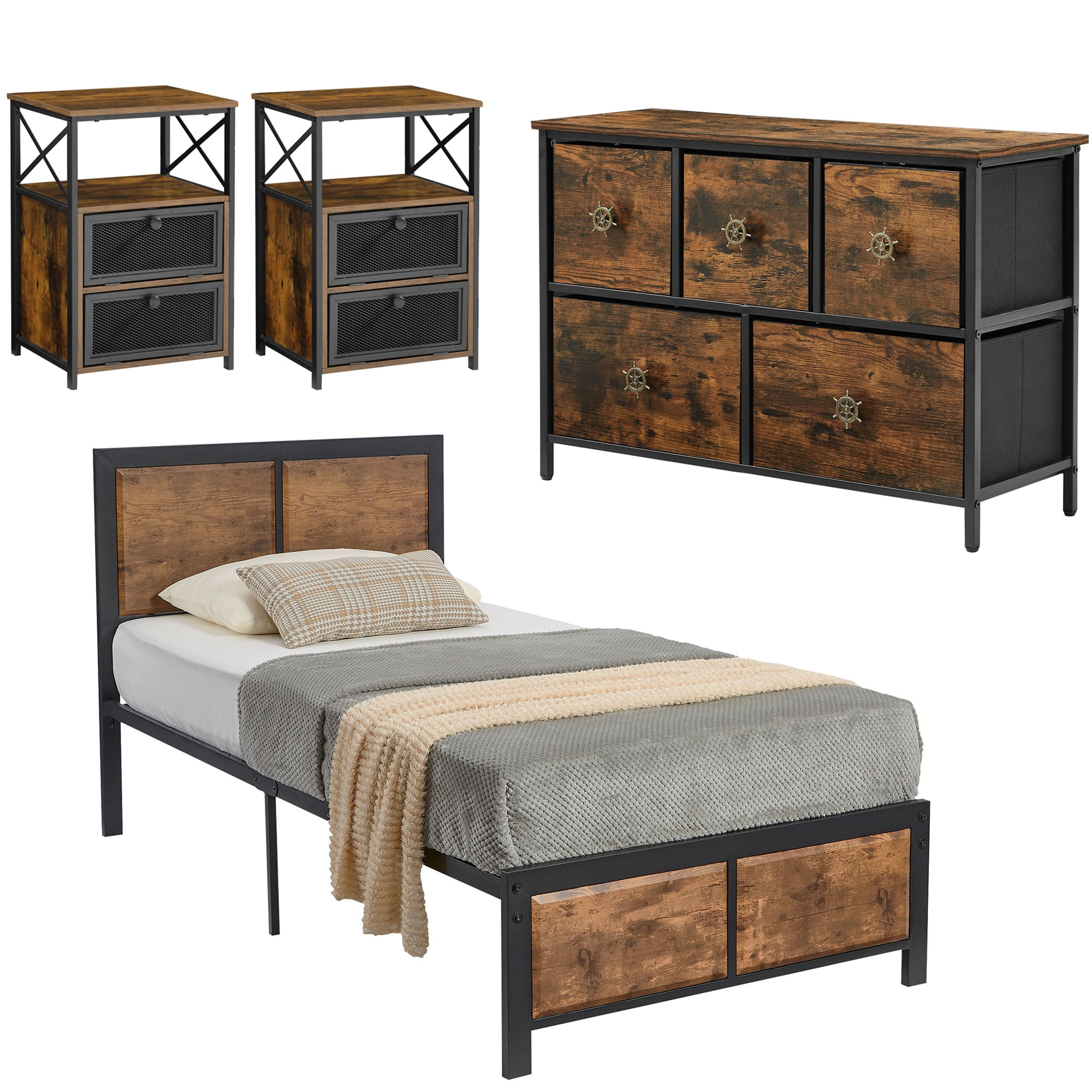 VECELO 4-Piece Twin Size Bedroom Set with Bed Frame &amp; 5-Drawer Dresser ...