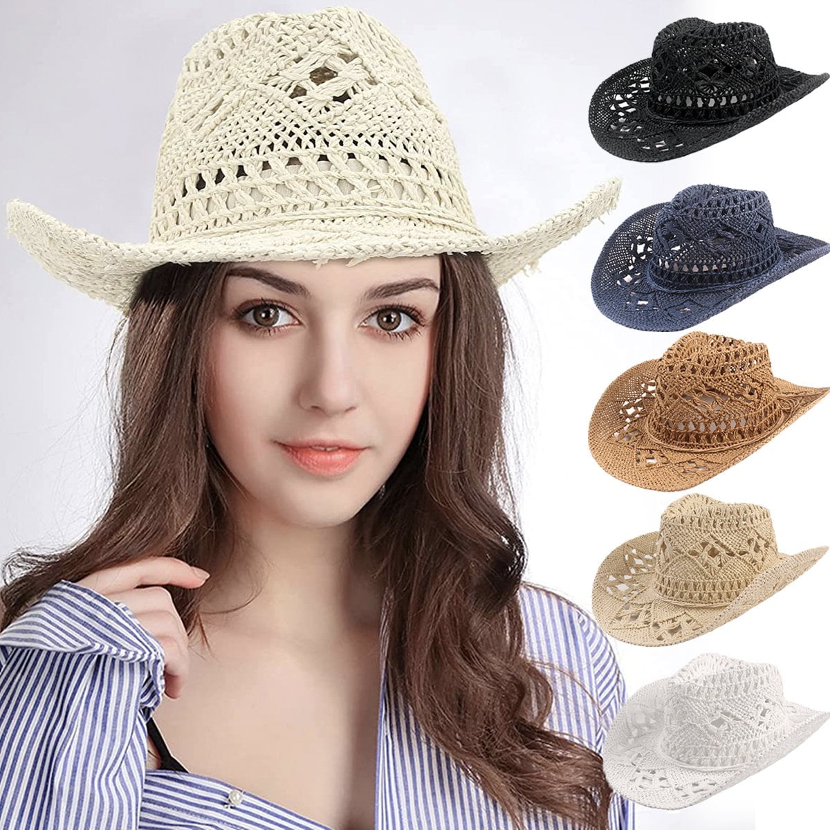 Men Women's Summer Cowboy Cowgirl Straw Hat Hollow Out Woven Roll Up