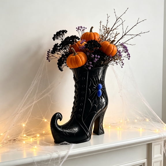 KFUIRDE Gothic Witch Boot Vase, Halloween Printed Decorative Centerpiece, Spooky Artificial Floral Display for Fireplace, Table & Home Party, PETG Resin, Style A