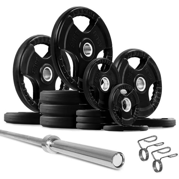 French Fitness Rubber Grip Weight Plate Set w/7 ft Olympic Bar 395 lbs (New)