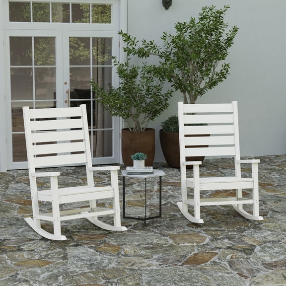 Merrick Lane Set of 2 Contemporary Rocking Chairs, All-Weather HDPE Indoor/Outdoor Rockers in White