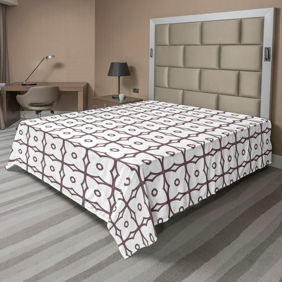 Ambesonne Floral Flat Sheet, Octagons and Flowery Shapes, Full Size, Pale Eggplant and White