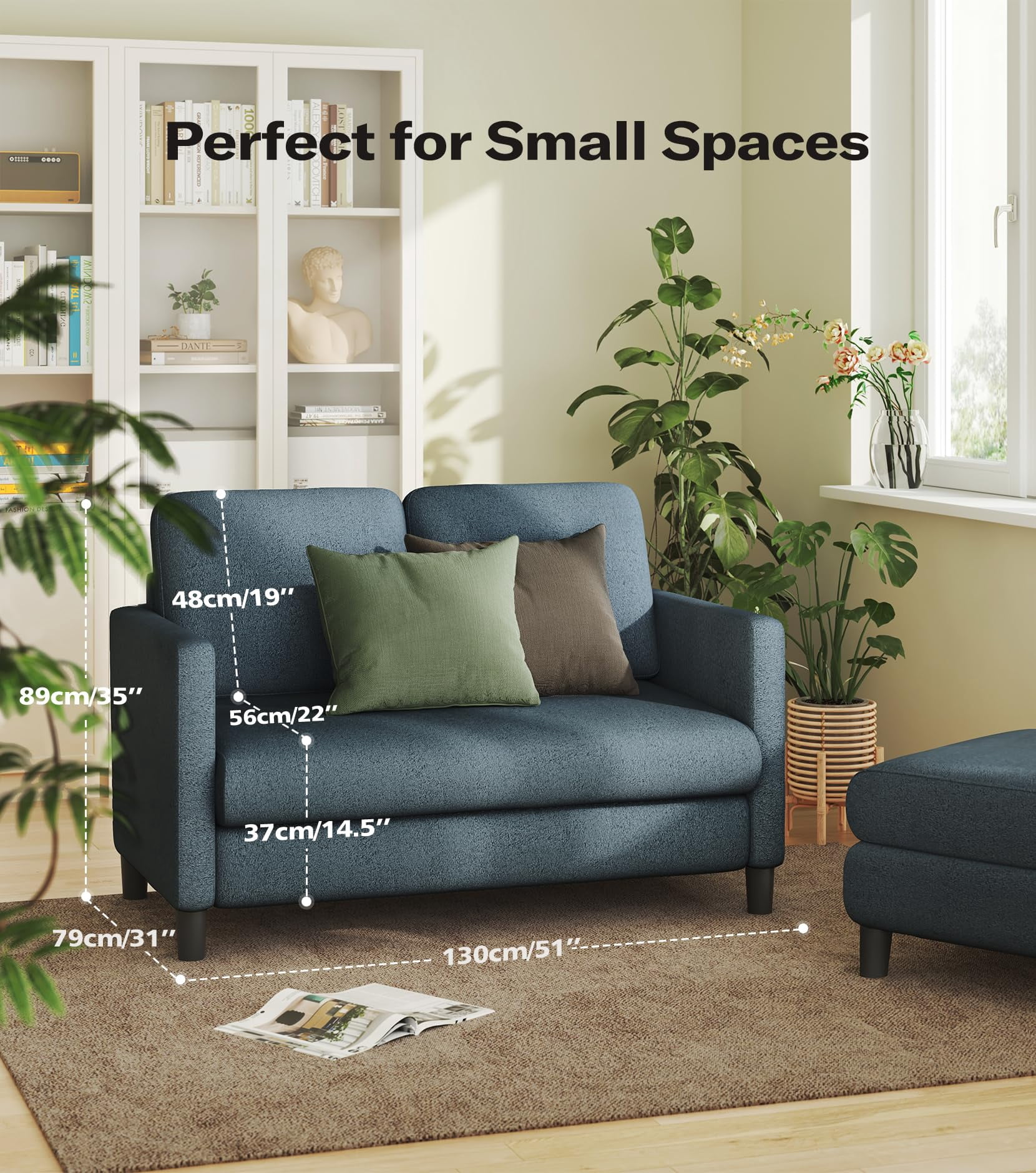 Welzona 51" Teddy Fabric Loveseat Sofa, Small 2-Seater Couch for Small Spaces, Tool-Free Assembly, Blue