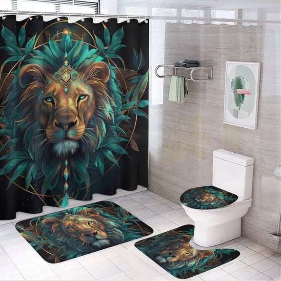 Lion Flower Enchanted 4 Pcs Bathroom Shower Curtain Set,Bathroom Sets with Rugs (Bath Mat,U Shape and Toilet Lid Cover Mat), Bathroom Decor Set