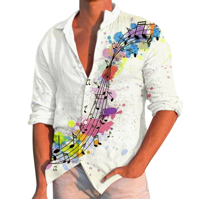 PMUYBHF Chemises Habillées pour Hommes Manches Courtes Décontractées Imprimé Musique Grande Taille Chemise Manches Longues Col Rabattu