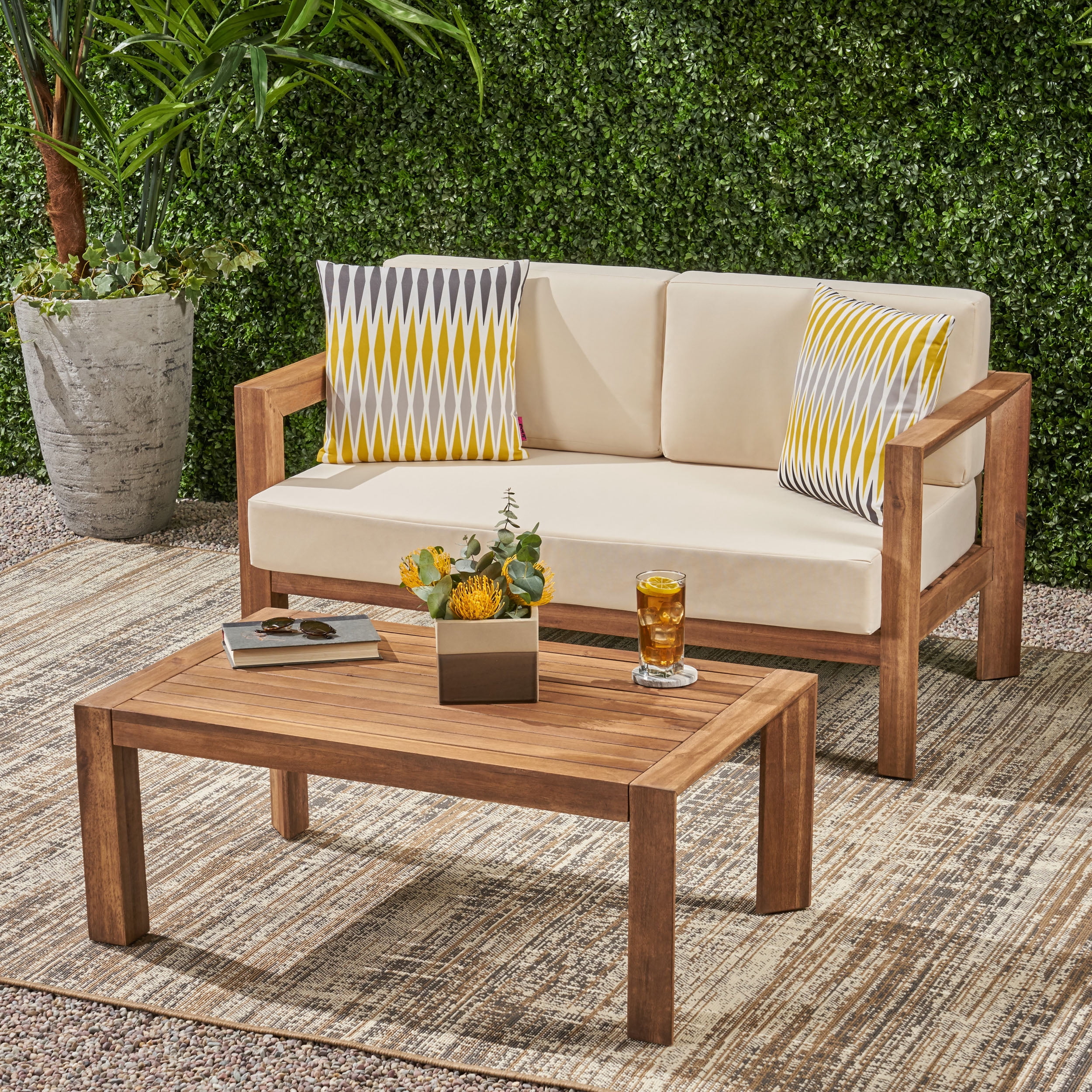 Outdoor Double Sofa and Coffee Table Combination Set, Acacia Wood Leisure Furniture for Patio Garden, Dark Brown and Beige