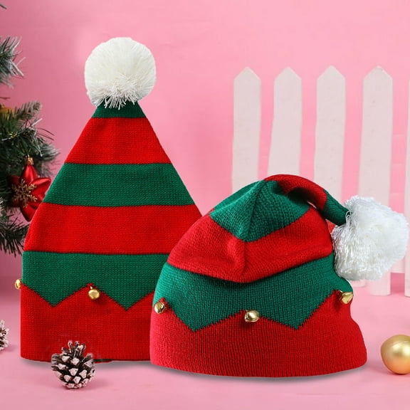 Opolski Hat Wavy Stripes Plush Ball Warm Contrast Colors Christmas Hat for Winter