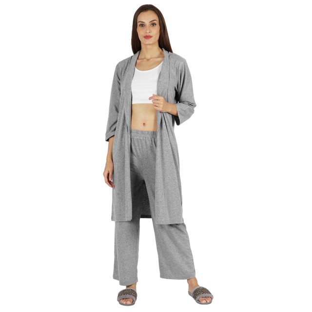 Inkmeso Womens 3 Pcs Nightwear Set Crop Tank Top Loose Pants & Front Open Shrug Sleepwear