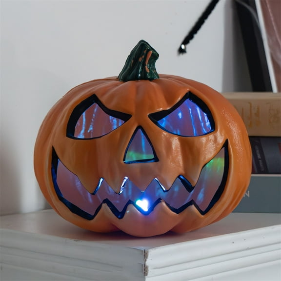 Halloween Pumpkin Jack O Lanterns with Creepy Flash Lights,Purple Light Up Pumpkin Statue Table Decor,10" Spooky Pumpkins Halloween Autumn Fireplace Mantle Home Party Decor