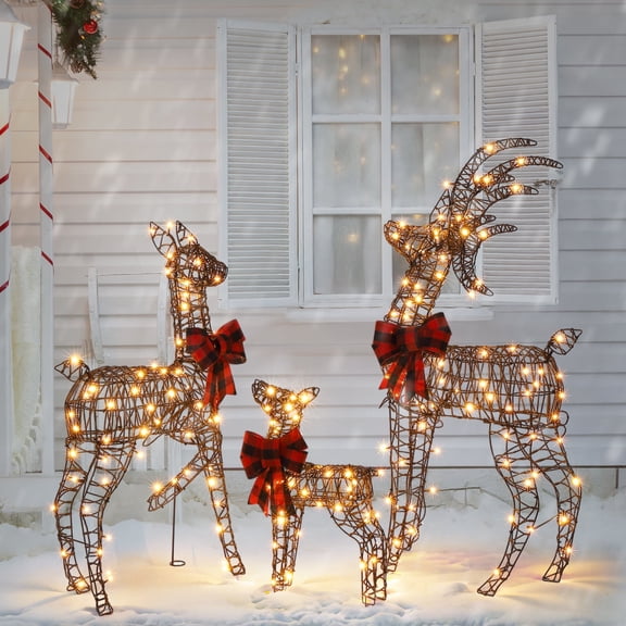 Ktaxon Lighted Christmas 4ft Deer Family Set Outdoor Yard Decoration LED Lights, Stakes - Rattan