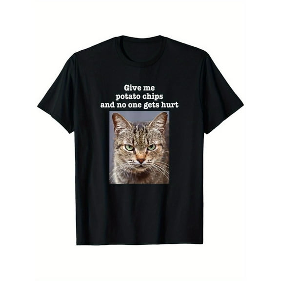 Funny Graphic Tee,Tops Has"Give Me Potato Chips & No One Gets Hurt"Gray Tabby Cat Graphic,Round Neck Regular Fit T-shirts, Size(S-5XL)
