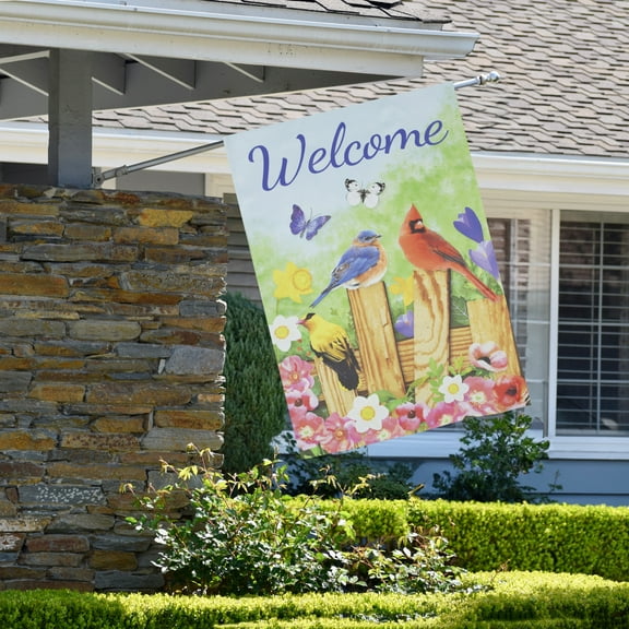 Northlight Welcome Birds on a Fence Outdoor House Flag 28" x 40"