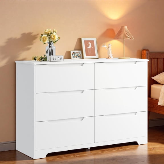 White Dresser , 6 Drawer Double Dresser with Cutout Handles, Modern Wood Chest of Drawers Smooth Metal Rail