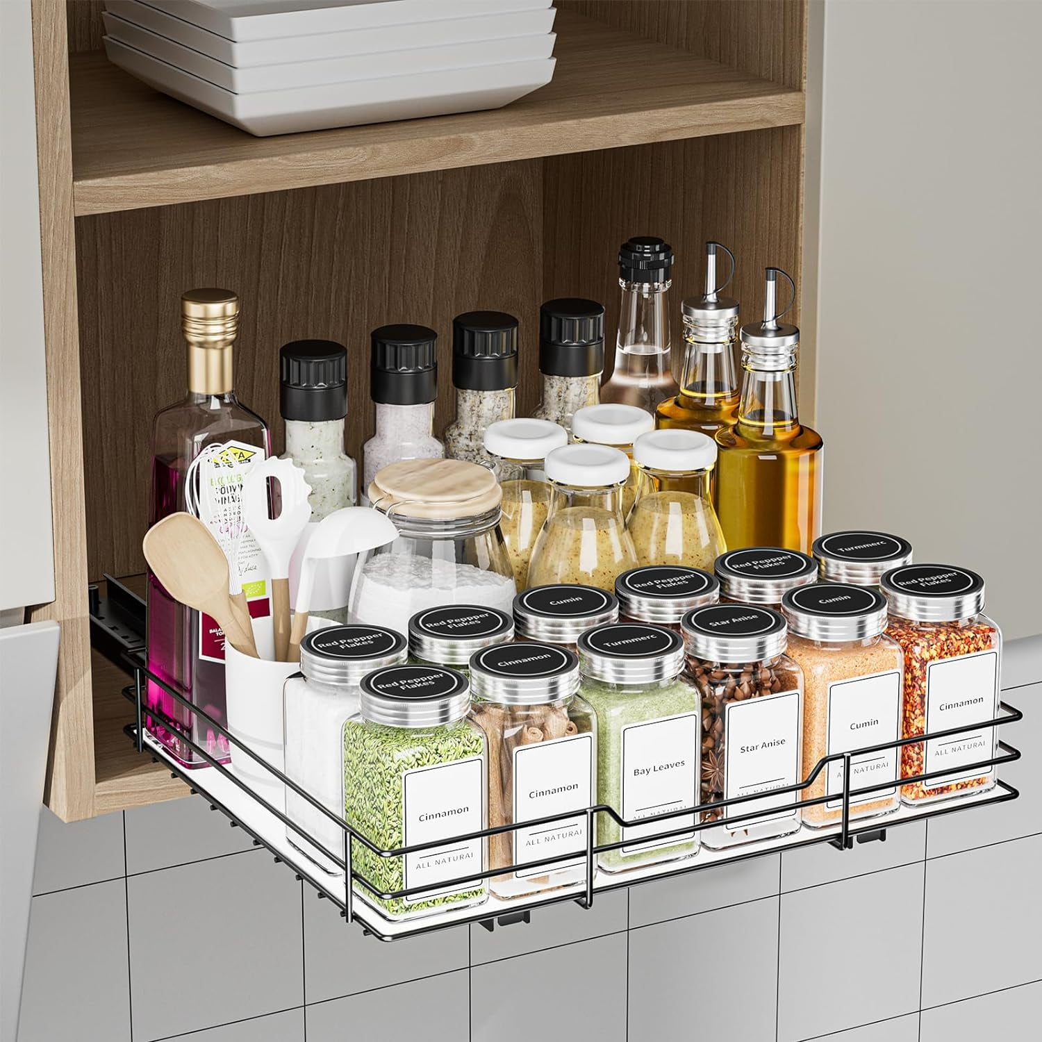 BOIVSHI 2 Tier Pull Out Spice Rack Kitchen Cabinet Organizer Slide Out Pantry Storage Shelves Black Walmart