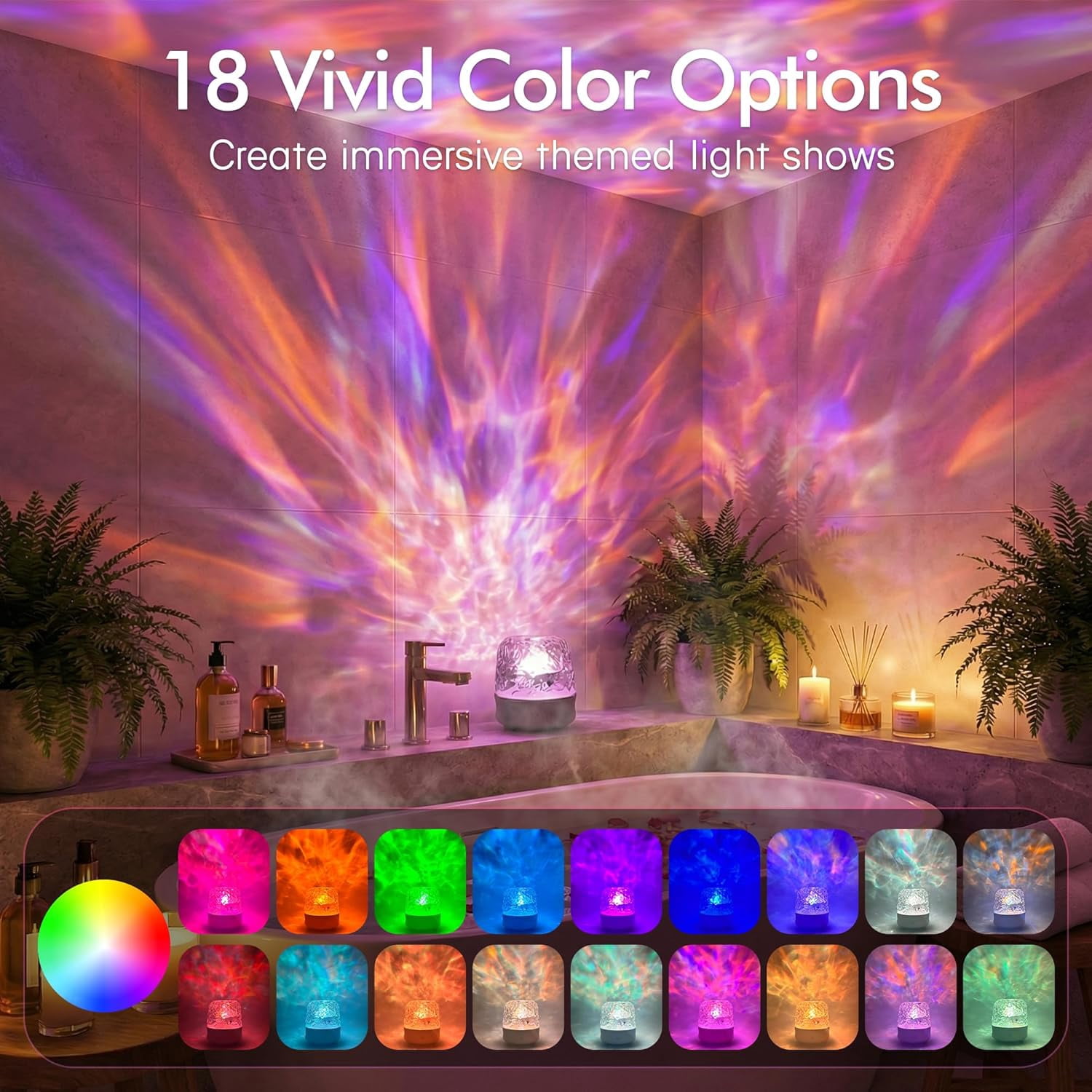 Waterproof Shower Light with Bluetooth Speaker, 16 Colors Changeable Shower Lamp for Inside Shower, Dimmable Ocean Wave Projector Light with Remote, LED Night Light Lamp for Bathroom, Bedroom Decor