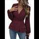 thumbnail image 2 of Camisa Elegante de Larga con Cuello en V, Doble Botonadura y Volantes en Color Liso para Mujer Vino Tinto M, 2 of 10