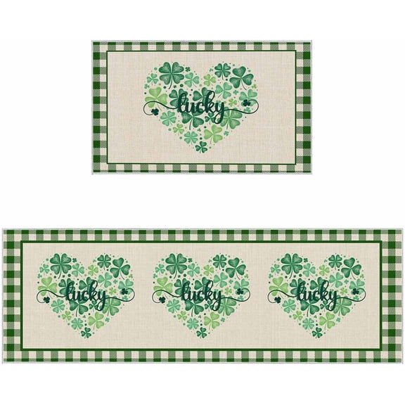 St. Patrick''s Day Kitchen Rug Sets 2 Piece, Love Heart Lucky Clover Green Checkered Non-Slip Door Mat Runner Rug for Kitchen/Bathroom/Laundry/Hallway, 18" W x 30" L 18" W x 48" L