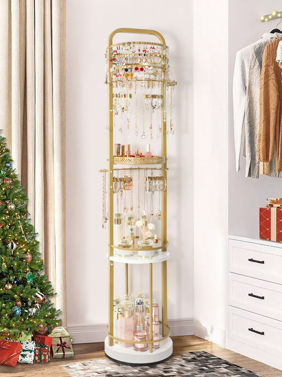 Olakee Rotating Large-Capacity Jewelry Organizer Stand for Earring, Necklace, Bracelet, Ring, Durable Metal & Wood, Girls & Women, Modern, White & Gold