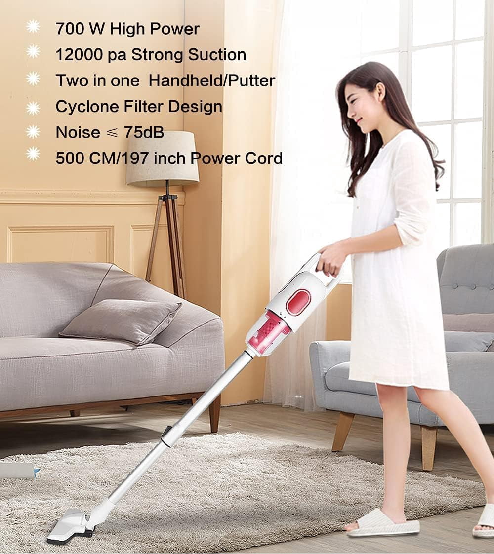 Quiet Stick Vacuum Cleaner Light Weight, 12000 Pa Powerful Suction Handheld Corded Upright Vacuum Cleaner with HEPA Filter, 700W Hi Power Motor Stick Vacuum for Pet Hair Hardwood Floors, Car