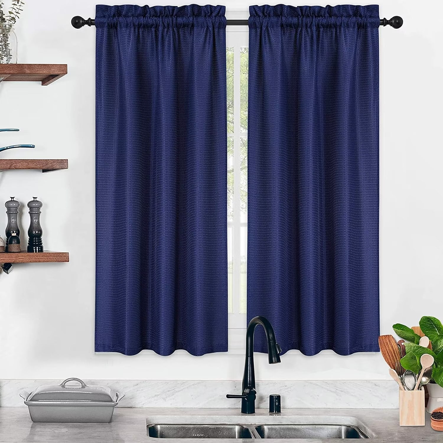Haperlare 30"Wx45"L Navy Blue Cafe Curtains Waffle Woven Textured Short