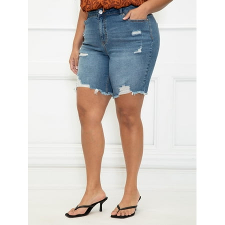 ELOQUII Elements Women's Plus Size Distressed Denim Bermuda Shorts
