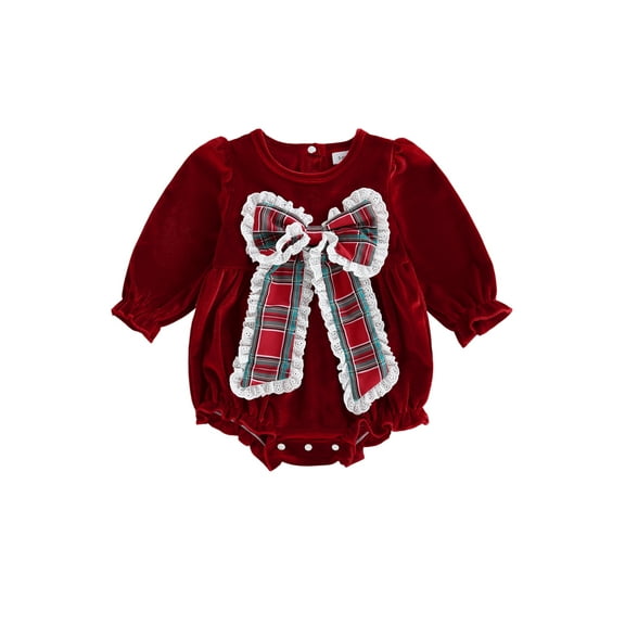 Gzhioc Infant Baby Girl Velvet Christmas Fall Romper 0 3 6 12 18 Months Loose Fit Decorative Bow Bubble Long Sleeve Jumpsuit