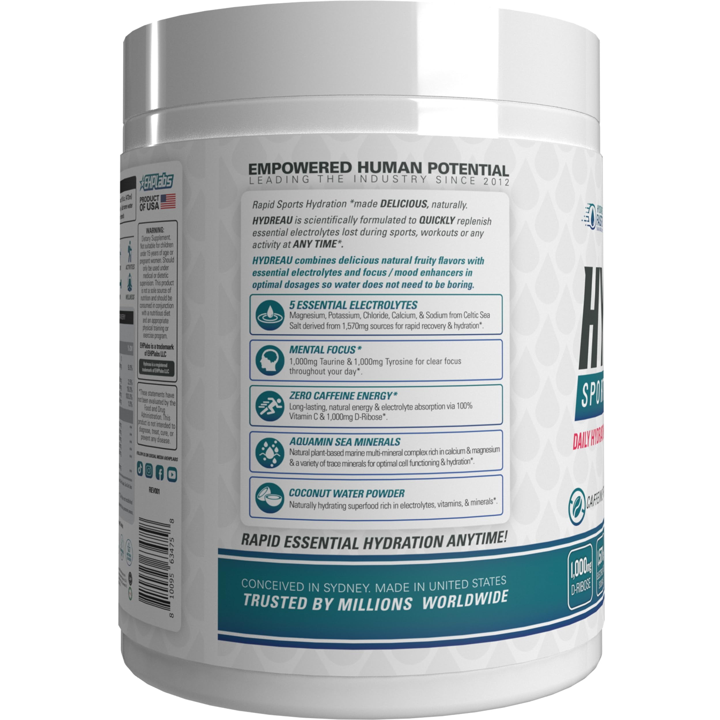 EHP Labs Hydreau Electrolytes Powder No Sugar - Hydration Powder for Endurance & Energy - Electrolyte Powder for Men & Women - Sugar Free Electrolytes - Kiwi Strawberry (40 Serves)