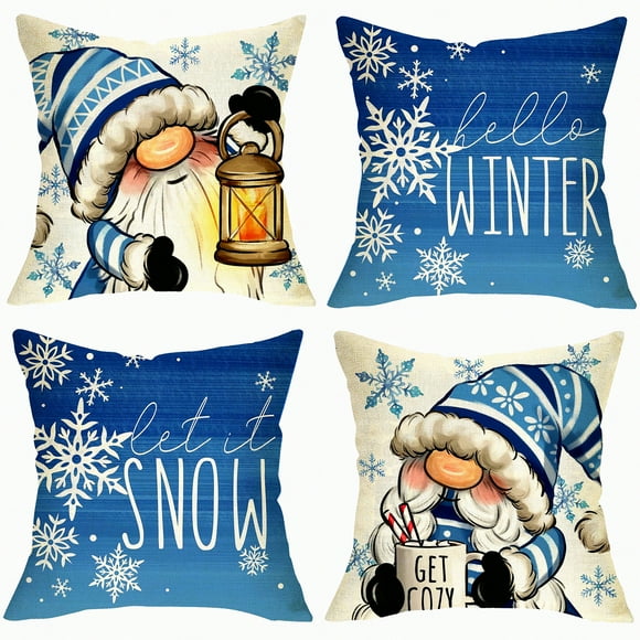 Winter Wonderland Cozy Snowflake Pillow Covers - Set of 4, Let It Snow Decorative Cushion Cases for Sofa, Hot Cocoa Outdoor Home Decor - 20x20 Gnome Lamp Porch Accent