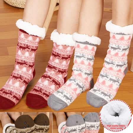 

SAYFUT 2 Pairs Slipper Socks Winter Ladies Non Slip Fleece Lined Slipper Socks Soft Cozy Cotton Knitted Sock for Women Girls Christmas Gift