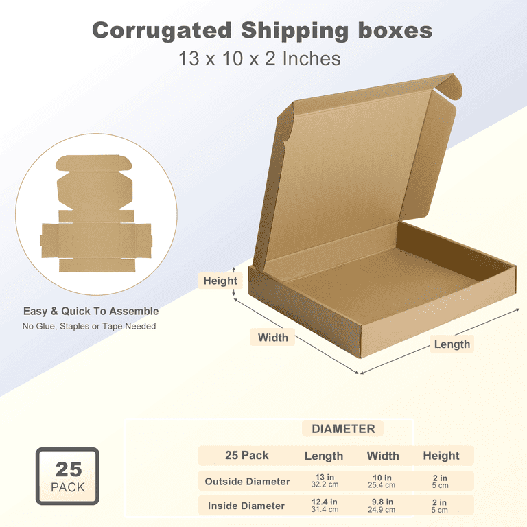 HORLIMER 25 Pack 13x10x2 Shipping Boxes, Brown Moving Boxes Corrugated  Cardboard Boxes 