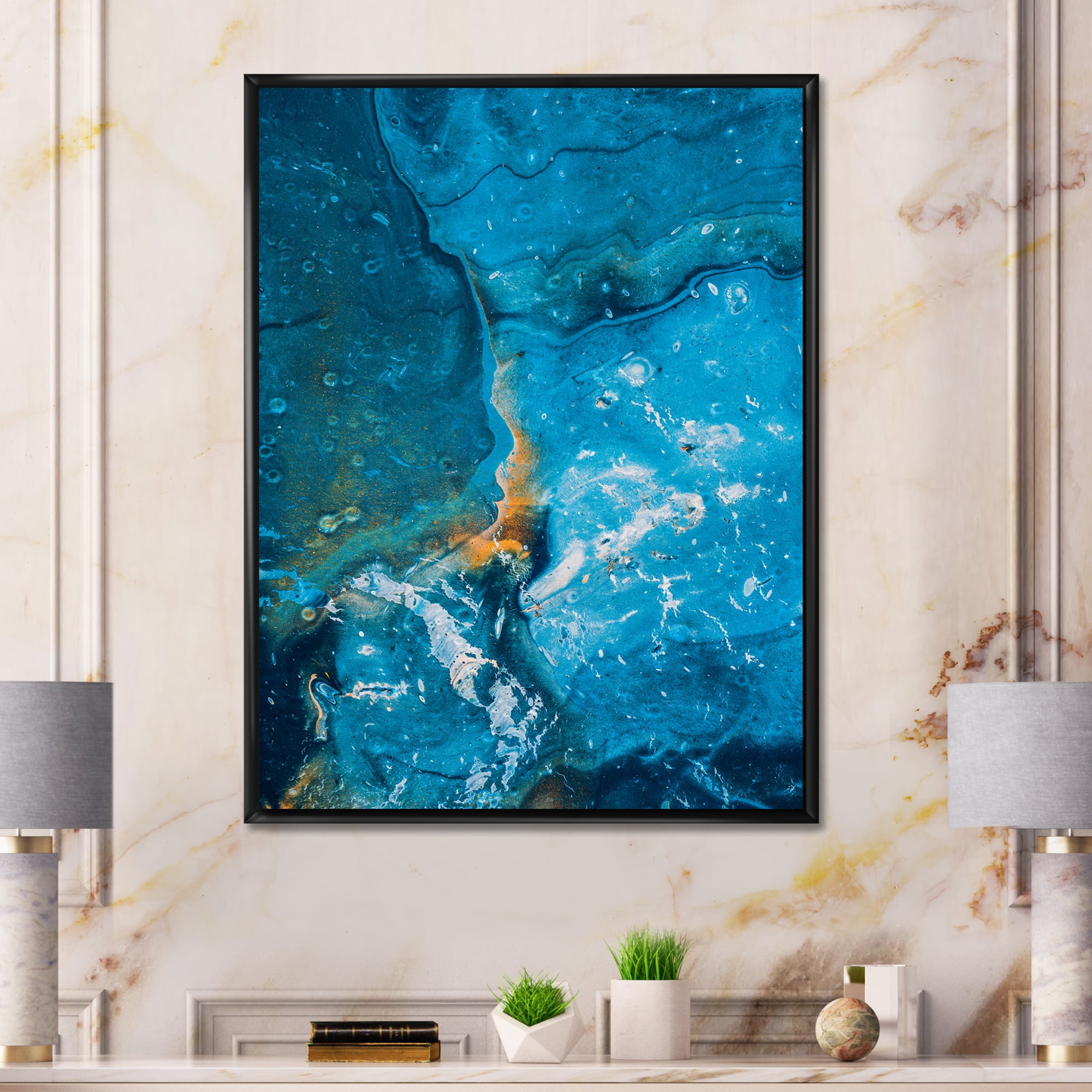 Designart 'Abstract Blue Marble Composition I' Modern Framed Canvas Wall Art Print