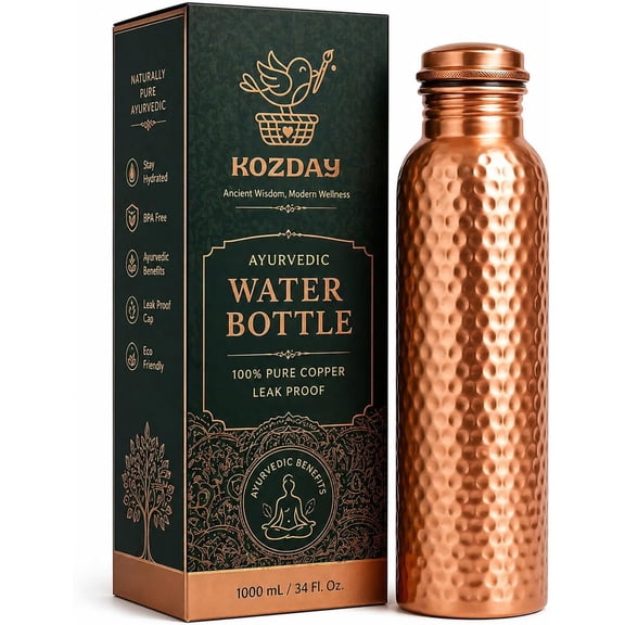 KOZDAY Hammered Copper Water Bottle with Leakproof Lid, Reusable Metal Bottle for Home, Office, Travel and Everyday Hydration