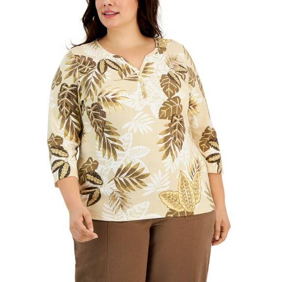 Rio Palm 3/4-Sleeve Henley Top Pebble 3X