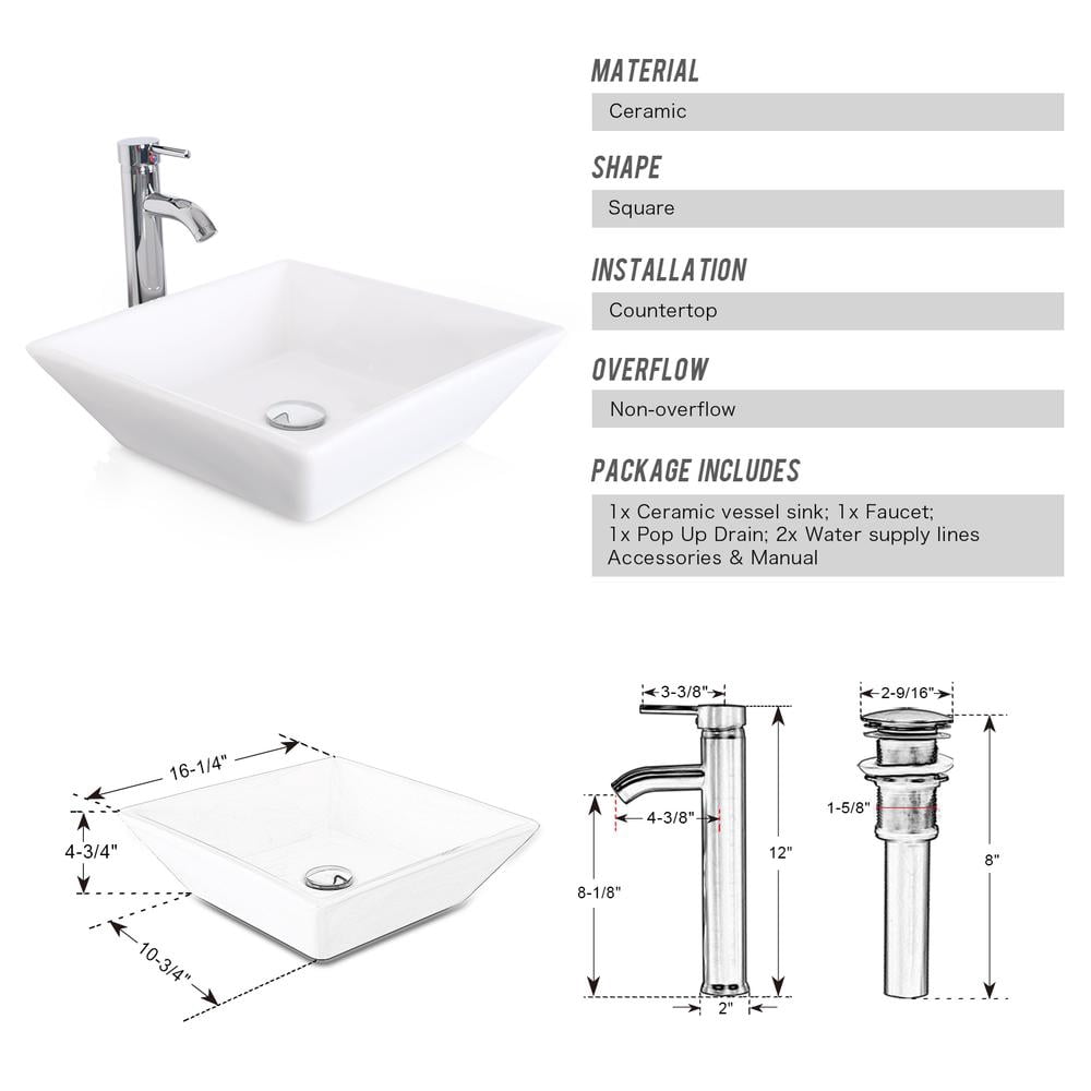 Eclife 16.25" Rectangular Ceramic Bathroom Sink Combo with Faucet 1.5 GPM and Pop up Drain Bathroom Bowl,White