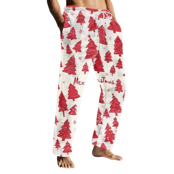 Wutalume Men's Drawstring Pocket Flannel Pants with Festive Print, Warm Homewear Sleep Pants for Cozy Nights and Relaxation,Beige L