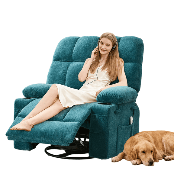 Garvee Manual Swivel Rocker Recliner Chair for Living Room, Recliner Sofa with Massage & Heating, Cup Holders, Blue