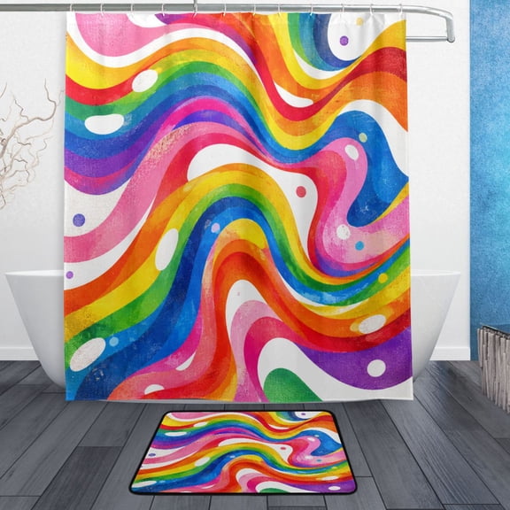 TTYFWHD 60" x 72" Shower Curtain and Bath Mat Set Groovy Rainbow Swirl Pattern Waterproof Bathroom Curtain with 12 Hooks, Bathroom Decor Set