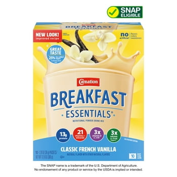 Carnation Breakfast Essentials tional Powder Drink Mix, Classic French Vanilla, 13 g Protein, 10 - 36 g Packets