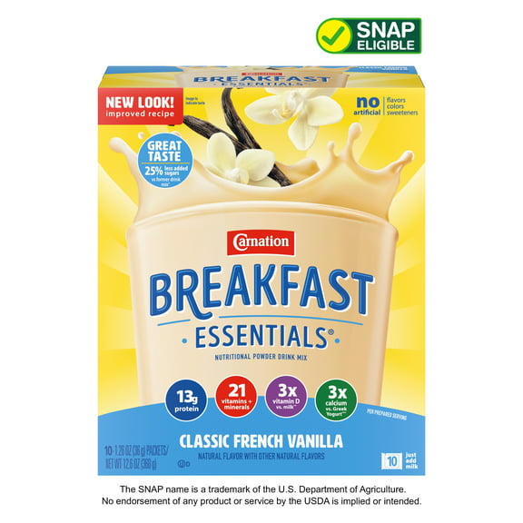 Carnation Breakfast Essentials Nutritional Powder Drink Mix, Classic French Vanilla, 13 g Protein, 10 - 36 g Packets