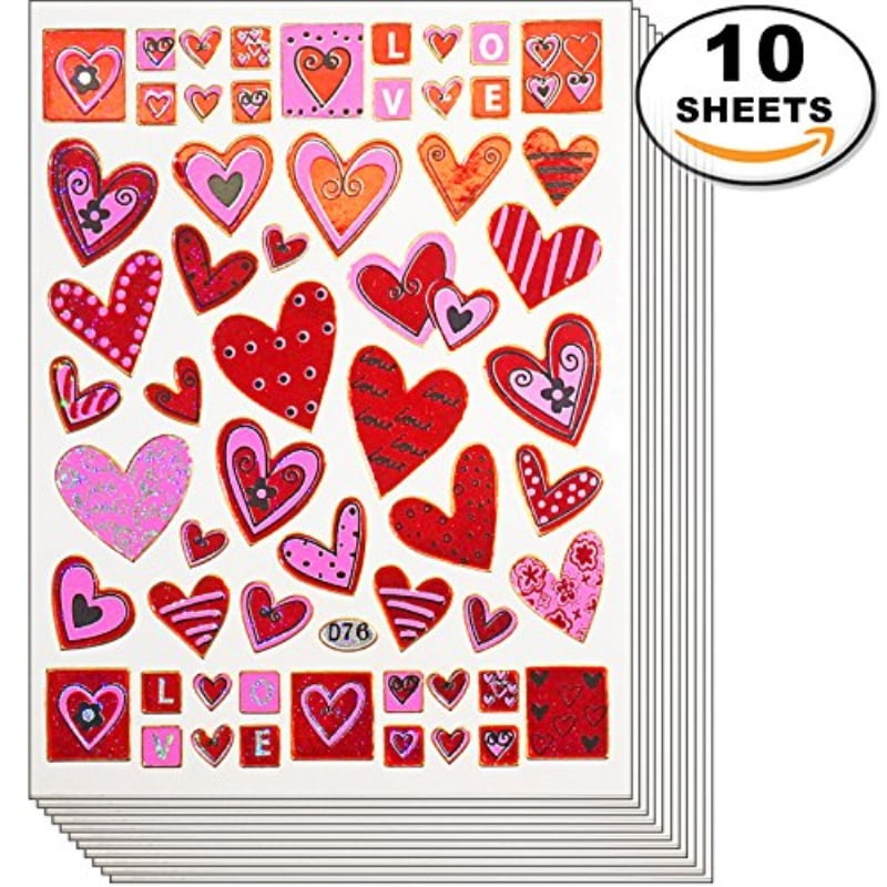 Jazzstick 10-Sheet Valentines Heart Stickers Glitter Red & Colors Value Pack Bulk 06