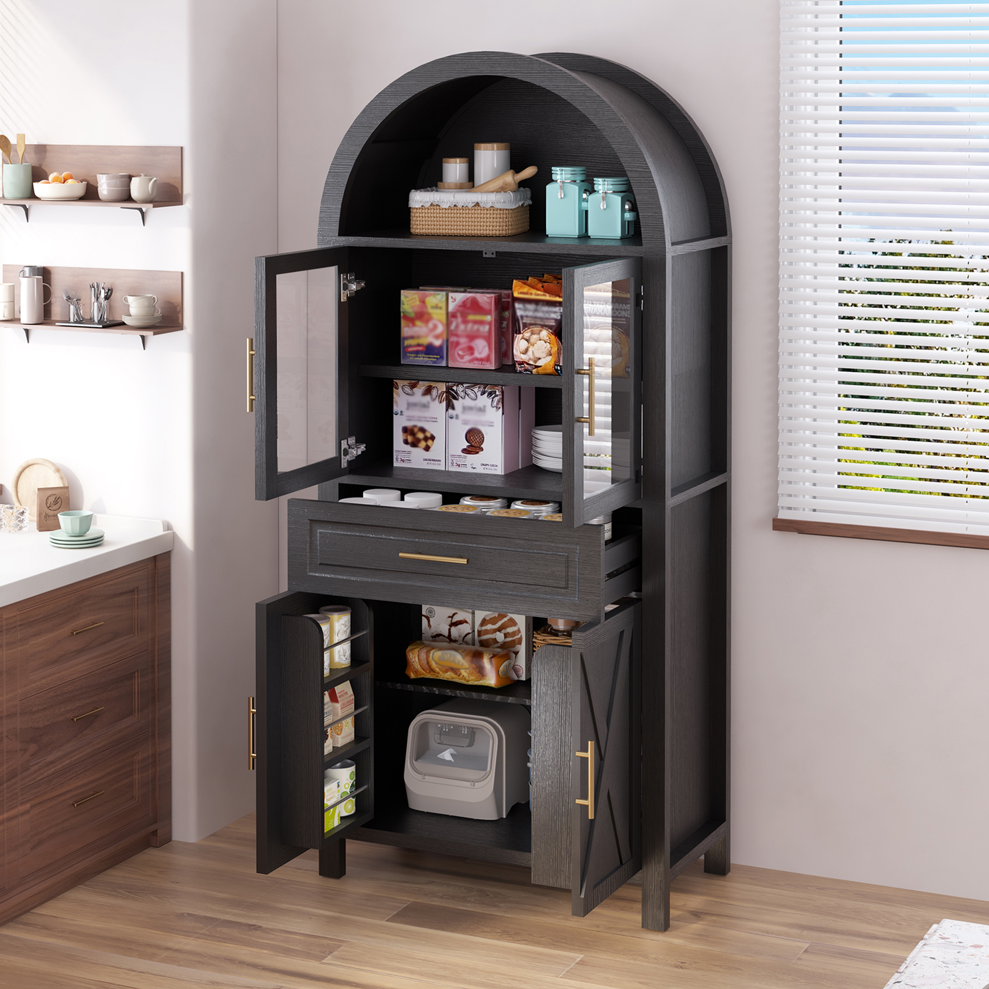 Mintazer Arched Farmhouse Kitchen Pantry Cabinet with Glass Doors, 71" Tall Freestanding Storage with Adjustable Shelves & Drawer for Kitchen Living Room Dining Room, Black