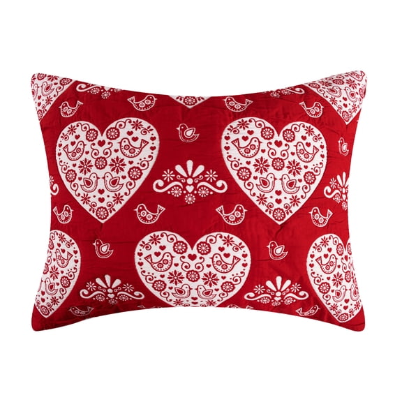 Greenland Home Fashions Lovebirds 100% Polyester Jacquard Doves and Hearts Pattern Sham Standard Red