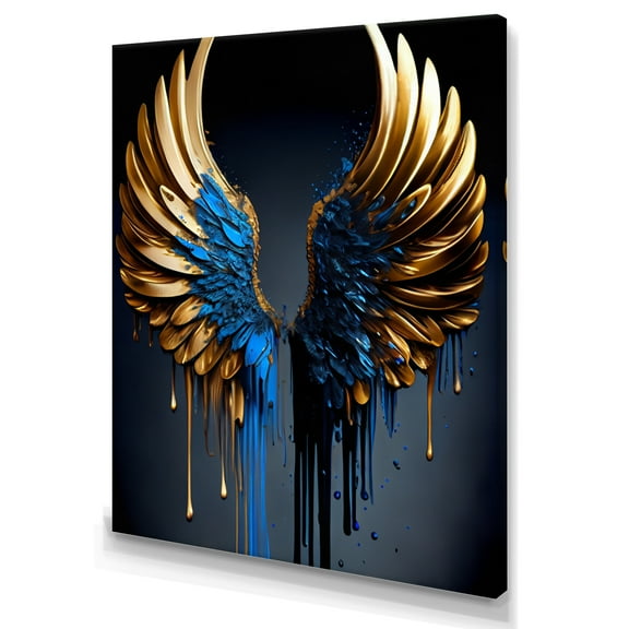 Designart Blue And Gold Angel Wings III Canvas Wall Art